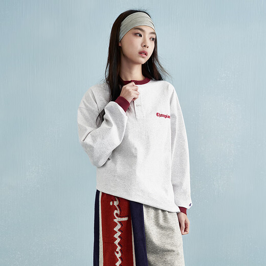 Champion champion long-sleeved T-shirt men's 2025 spring new color-blocked Henry collar bottoming shirt pure cotton top women's twist gray L