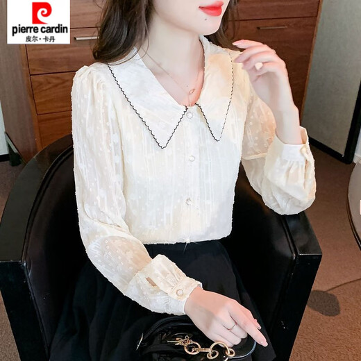 Pierre Cardin (pierre cardin) chiffon shirt women's long-sleeved 2025 spring new style doll collar top-like shirt, chic and beautiful shirt, apricot version - lining L recommended 105-115Jin Jin equals 0.5 kg
