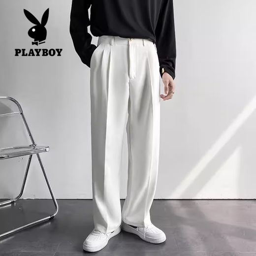 Playboy (PLAYBOY) white trousers for men in spring and autumn, handsome, loose, high street, wide-legged, drapey, casual straight suit trousers, white style 34