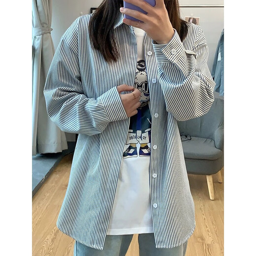 迪伽达复古条纹长袖衬衣男士春秋冬季新款衬衫男女同款休闲宽松开衫外套 ZSFS-C51黑色 XL