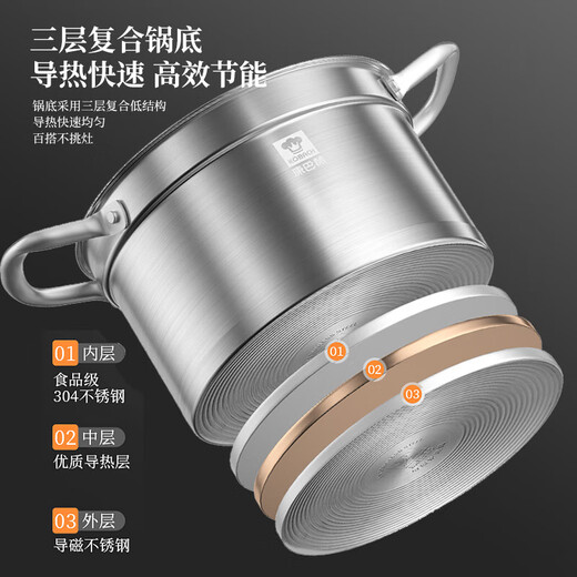 Combach steamer 304 stainless steel steamer large capacity soup pot cooking pot three-layer steel deepened porridge pot double-eared small steamer Combach multi-purpose soup steamer 22cm