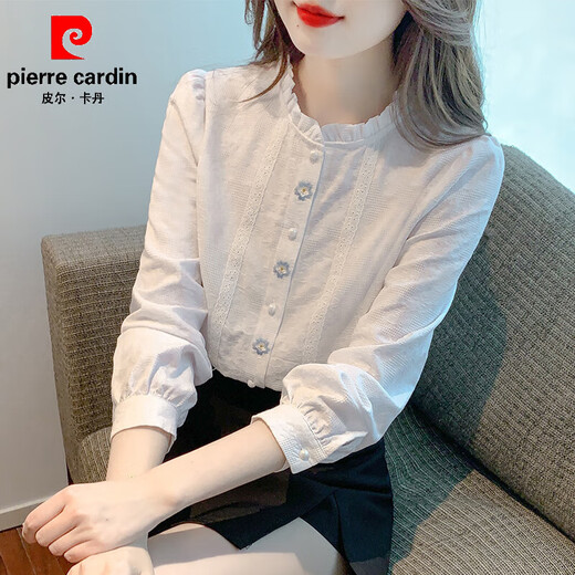 Pierre Cardin velvet white shirt women's fashionable long-sleeved chiffon top 2026 new autumn and winter lace versatile blue 1 L 106-115Jin Jin equals 0.5 kg