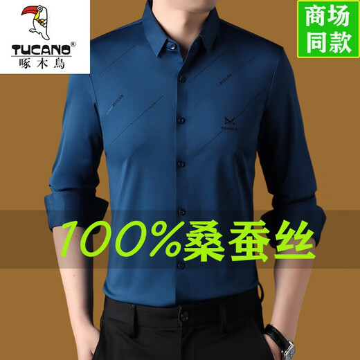 Specht Maulberry Seide Nicht-abgeballtes Hemd Herren-Langarm Frühling und Herbst Neugeschäft und lässiges No-Eisen-Hemd mittleren Alters Herren Shangqing 9866 Frühlings- und Herbststil 3xl 185