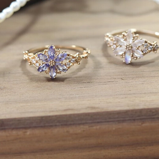 Pop Japanese Nojess*23 Christmas limited edition snowflake snow cut grass moonstone tanzanite ring necklace 14K gold plated open adjustable ring white zircon