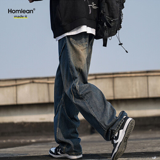 Homlean washed retro jeans men's spring and summer American loose pleated design straight long pants HS04 retro blue XL