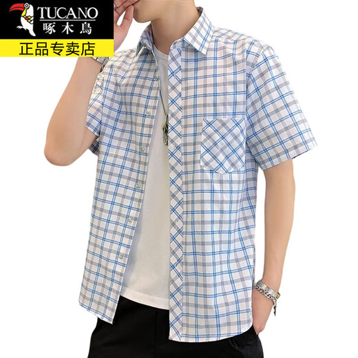 Woodpecker (TUCANO) short-sleeved shirt men's summer loose casual plaid shirt jacket men's trendy versatile five-quarter sleeve clothes men's DC613 white plaid blue line 3XL (42) about 155-175Jin [Jin equals 0.5 kg] can be worn