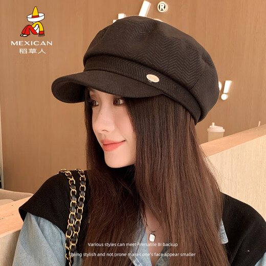 Scarecrow (MEXICAN) beret women's 2025 spring new Korean version ins fashion face-showing small octagonal hat British retro newsboy hat trend black 76692 one size