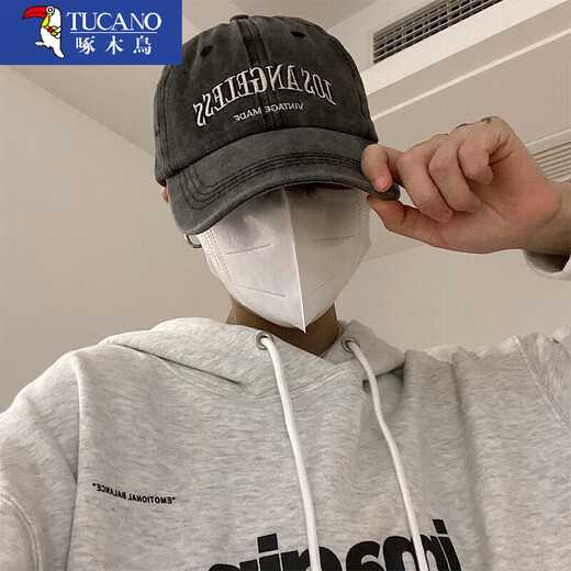 Woodpecker washed hat men's trendy baseball cap men's large head circumference summer new American soft top deepened peaked hat men washed gray 0843