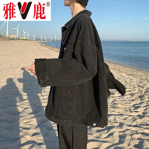 Yalu denim jacket men's autumn men's Hong Kong style trendy loose jacket tops plus velvet thickening handsome work clothes outer clothes blue regular XL recommended weight 120-140Jin Jin equals 0.5 kg