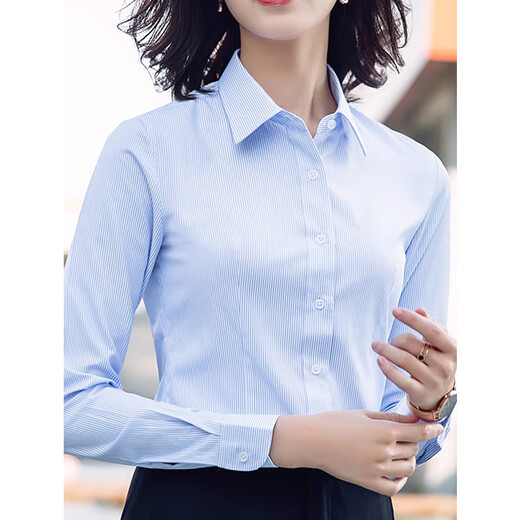 Troman anti-wrinkle no-iron blue striped shirt women's long-sleeved professional commuting business formal shirt