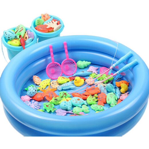 ZNMW children's fishing and water toys magnetic fish children 1 one 2 two 3 three 6 and a half years old baby early education girl boy double-layer round pool 50-piece set 44 fish + 2 rods 2 fishing 1 gas