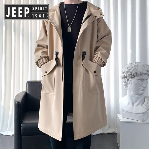 JEEP SPIRIT Jeep Windbreaker Men's Spring and Autumn Mid-Length Over-the-Knee Loose Hooded and Velvet Jacket Large Size Trendy Brand Winter Thickening 174-Dark Gray Cotton 3XL 210-230Jin Jin is equal to 0.5 kg