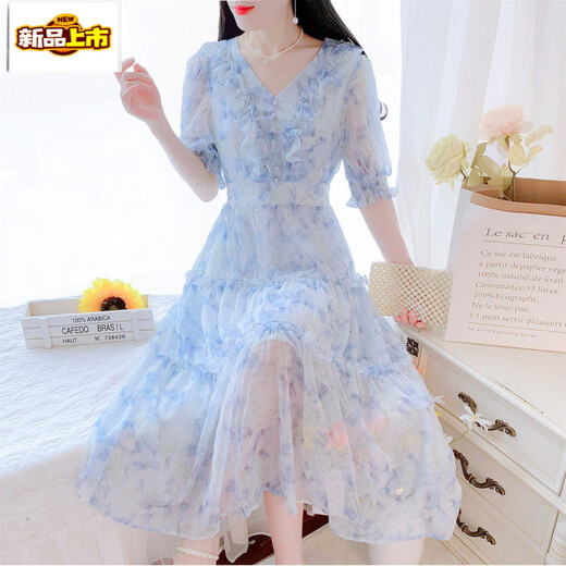 First-path French tea break V-neck beautiful floral chiffon dress for women's summer 2025 new temperament waist-hugging fairy long skirt blue 736# [version dress] S [suggested 80-95Jin [Jin equals 0.5 kg]]