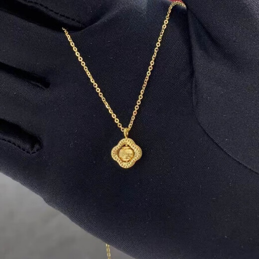 GRAYCEWODY Old Phoenix 999 Pure Gold Exquisite Light Luxury Niche Design Four-leaf Clover Cat's Eye Transfer Bead Pendant Plated Necklace Clavicle Four-leaf Cat's Eye Necklace Old Phoenix Gold Store Model