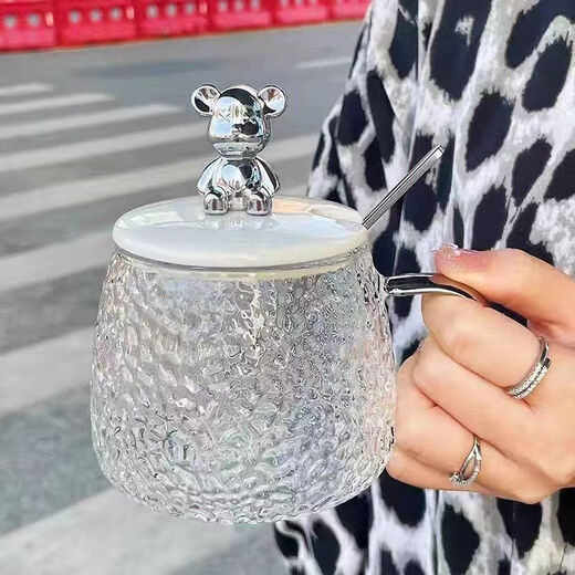 
Glass cup with lid bear cup high-value cup office home coffee cup internet celebrity hot water cup 1 small bear cup (with spoon) 270ml