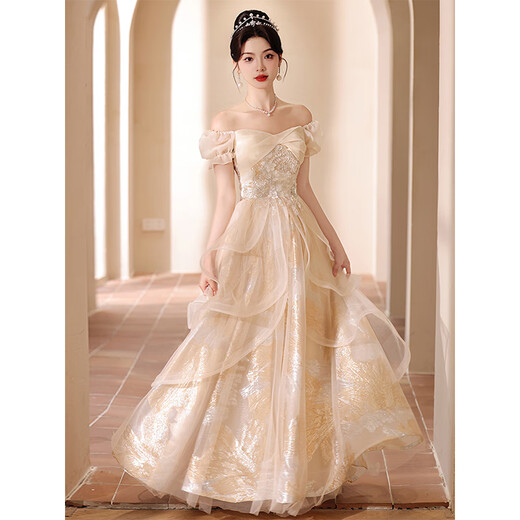 Zhufan student adult dress 18-year-old female adult dress evening girl 2025 new banquet temperament host sense champagne color S