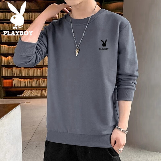 Playboy (PLAYBOY) men's sweatshirt long-sleeved tops plus velvet bottoming shirt men's spring and autumn new simple round neck pure cotton loose large size sweatshirt black regular style XL (recommended 115-125Jin Jin equals 0.5 kg)