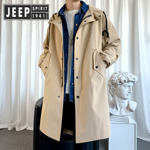 JEEP SPIRIT Jeep Windbreaker Men's Spring and Autumn Mid-Length Over-the-Knee Loose Hooded and Velvet Jacket Large Size Trendy Brand Winter Thickening 174-Dark Gray Cotton 3XL 210-230Jin Jin is equal to 0.5 kg