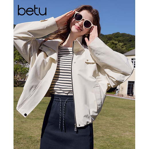 Baitu betu women's clothing 2025 spring new short jacket fashionable outdoor casual hooded windbreaker jacket women 2501T41 beige M

