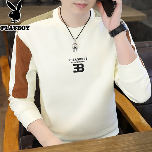 花花公子卫衣男士秋冬季圆领拼色长袖t-恤内搭打底衫帅气上衣加绒加厚秋衣 8902【春秋款】米色 L 【建议105-125斤】