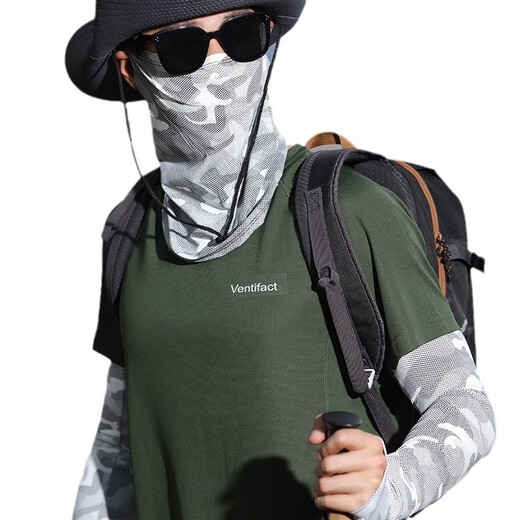 Muxueci camouflage sunscreen mask for men ice silk summer mask full face sunshade ice sleeve hat neck protection riding mountaineering outdoor light gray camouflage mask
