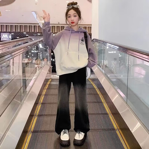 Girls sweatshirt spring 2025 new style children's bottoming shirt gradient medium and large children's spring and autumn Korean style hooded top XF-3451 Purple Spring and Autumn 160cm
