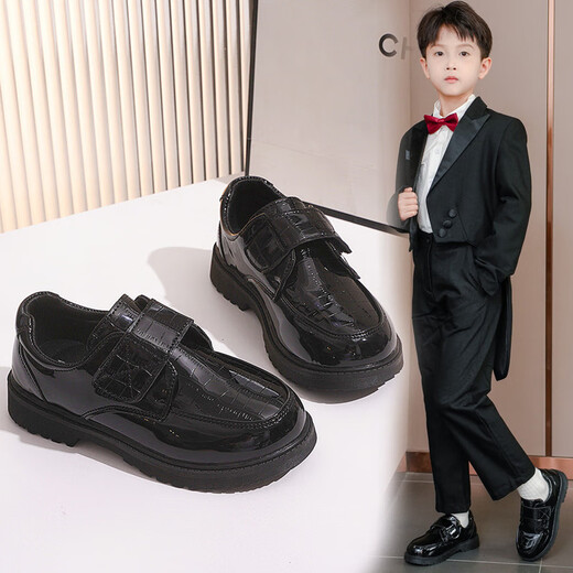 Vinoa Children's Shoes Boys' Leather Shoes Spring and Autumn 2025 New Korean Style Soft Sole Black Middle and Large Children's Primary School Students Campus Performance Shoes A-320 Black 27 Inner Length 17cm