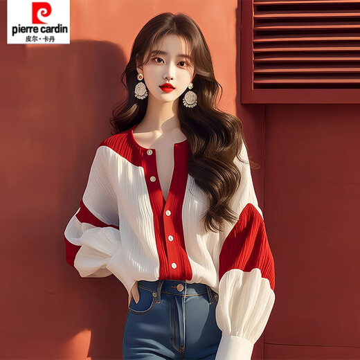 Pierre Cardin (pierre cardin) red and white contrast lantern sleeve chiffon shirt 2025 early autumn new French light luxury chic top women's color matching XL 115-130Jin Jin equals 0.5 kg