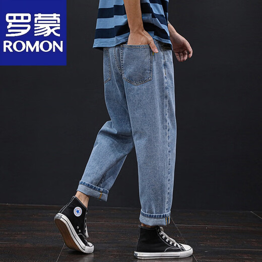 Romon Spring y Summer Oscre Legs Oscle Holle Holding Light Fat Student Nine-Point Men's Men's Fat Legs Pats de patas gruesas cortas Tether CPP9906 Azul claro [Pantalones] 29 Adecuado para 110Jin [Jin equivale a 0.5 kg]