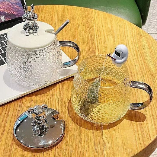 
Glass cup with lid bear cup high-value cup office home coffee cup internet celebrity hot water cup 1 small bear cup (with spoon) 270ml