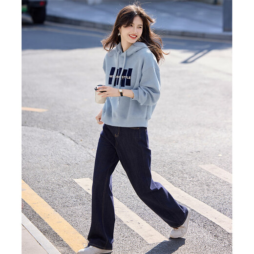 Shangjing Letter Color Block Hooded Sweatshirt Women's 2025 Autumn New Loose Casual Versatile Drawstring Top Blue L
