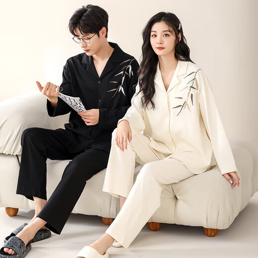 俊俊穗迪美（JUNJUNSUIDIMEI）2套价 情侣睡衣女长袖春秋季薄款纯棉卡通女士男士开衫家居服套装 长-GEY-757 M 女+男XL