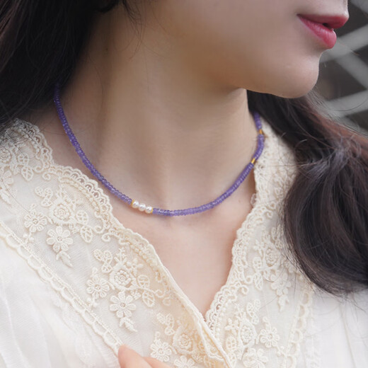 Canxian Natural Tanzanite Plate Jewelry Stone Clavicle Chain Fantasy Amethyst Pendant Beeswax Pearl Stacking Necklace Gift for Women 1# Tanzanite Beeswax Clavicle Chain