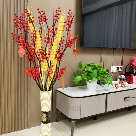 MPPMCK fortune red fruit New Year's Eve living room artificial flower floor decoration fake flower ornaments wedding decoration housewarming flower arrangement with bottle 10 fruits 2 barley