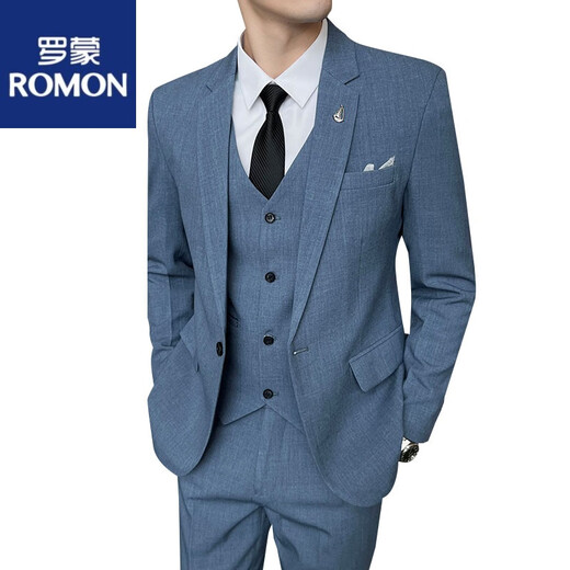 ROMON suit men's three-piece formal suit professional small suit tailoring groom groomsman wedding casual large size dress lake blue suit + pants tie S