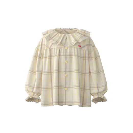 Papa crawling spring children's shirt girls ruffle collar plaid long-sleeved top sweet and cute beige 100 cm