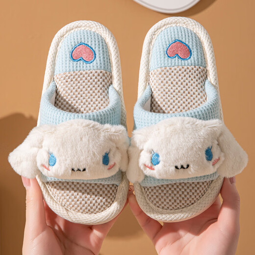 Robot Pig Spring and Autumn Children's Linen Slippers Girls' Cute Home Non-Slip Cotton and Linen Baby Slippers for Middle and Large Children Little Girls Blue 26-27 Sizes Inner Length 17cm