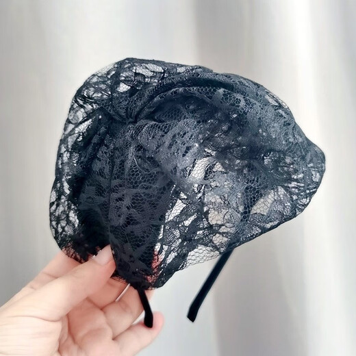 CLCEY half hat headband to cover white hair, Western-style wide-brimmed headband, women's headwear, French lace spring and summer fashion beret, lace half hat black
