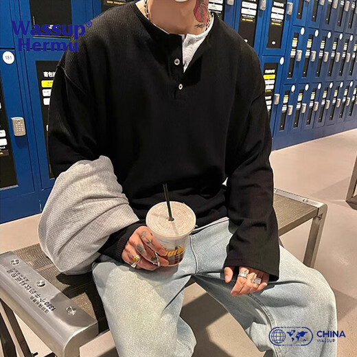 WASSUP HERMU official trendy brand sweatshirt for men in autumn and winter with relaxed feeling Henry collar waffle long-sleeved T-shirt American style inner layering shirt gray 2XL (recommended 145-165Jin Jin equals 0.5kg)