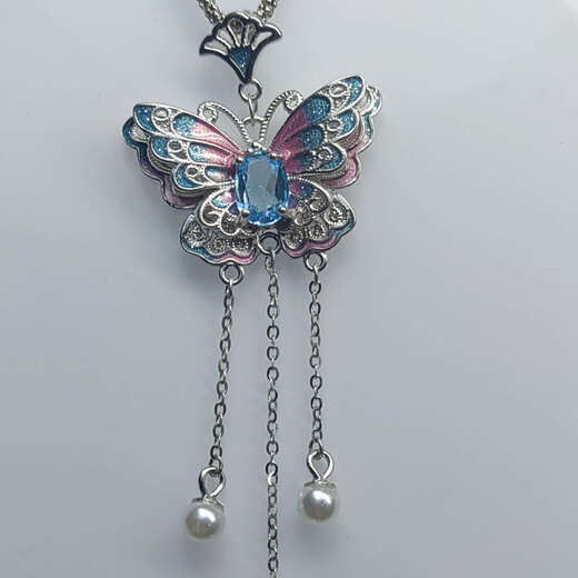 Shilian 925 silver inlaid, non-fading, non-allergenic, topaz, tanzanite, painted butterfly necklace, Chinese style, fidelity, certificate for women, topaz sky blue pendant