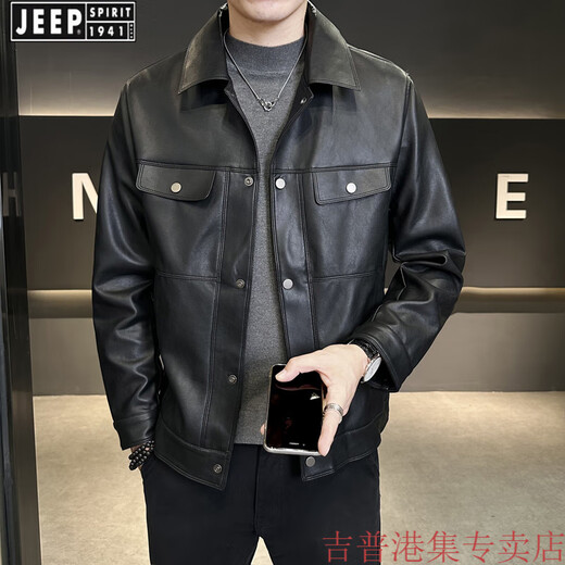 JEEP SPIRIT American retro pu leather jacket men's spring and autumn style multi-pocket motorcycle short style trendy handsome leather jacket coffee color M