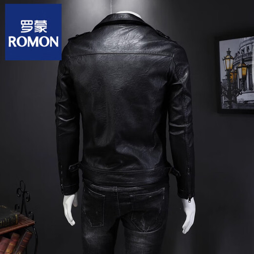 Luo Meng Leather Jacket Men's Diagonal Zipper Trend 2025 Spring and Autumn Handsome Soft Leather Lapel Motorcycle Slim Jacket Black XL