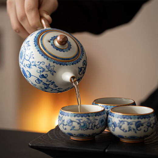 Xi Yuanji blue and white Ru Kiln Da Xi Shi teapot single tea pot single high-end household full flower gold enamel Kung Fu tea set (325ml) flowery beige Ru Kiln Da Xi Shi teapot