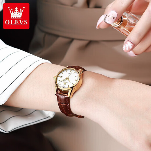 Olevs Brand Watches Women's Mechanical Watch Temperamento simple Watch Women's Women's Luminoso Hollow Hollow Diamond Diamond Set Watch Women's 6629 mejorado Versión mejorada de cuero marrón