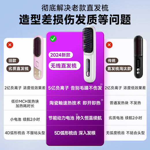 The No. 1 wireless negative ion hair straightening comb in the forest series. 15% national subsidy. Portable hair care and hair care that does not damage hair. 5S quick-heat electric comb with inner buckle dual-purpose curling iron. Pearl white. 500 million negative ion hair care/straightening. Gift for girlfriend and wife.