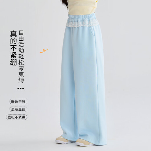 OVE女童春装裤子2025年新款儿童蕾丝花边阔腿裤春秋大童直筒卫裤运动 15281湖蓝色 140 cm