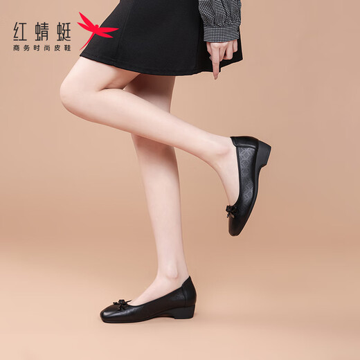 Red Dragonfly single shoes women's shallow mouth women's shoes wedge heel commuting slip-on shoes women's heightening and slimming leather shoes WTB152311 black 37