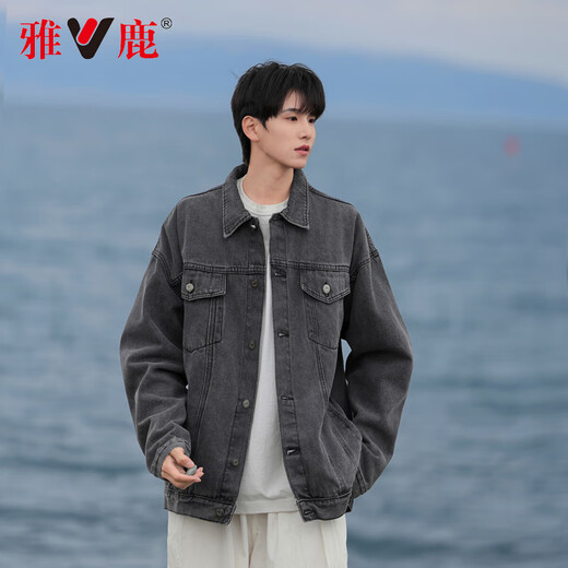 Yalu denim jacket men's spring and autumn ins trendy Hong Kong style retro loose denim jacket clothes winter thickened tops blue XL recommended weight 120-140Jin Jin equals 0.5 kg