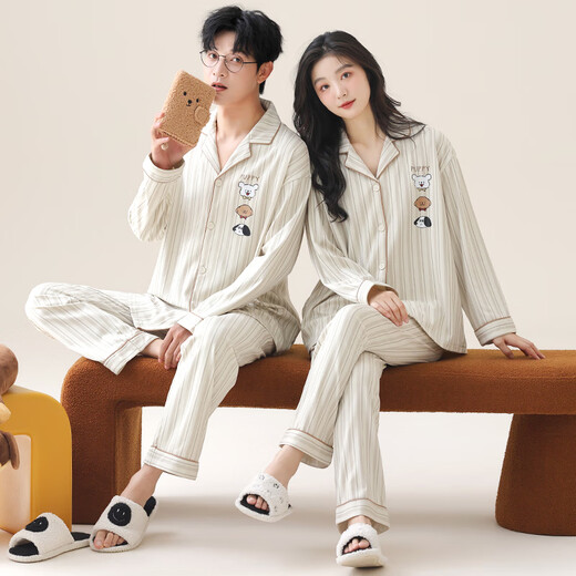 俊俊穗迪美（JUNJUNSUIDIMEI）2套价 情侣睡衣女长袖春秋季薄款纯棉卡通女士男士开衫家居服套装 长-GEY-757 M 女+男XL