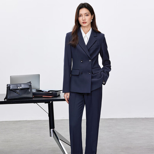 Shandubila Anti-wrinkle Professional Suit Suit Women's Spring and Autumn Formal Small Suit Jacket Wide-Leg Pants Two-piece Set Navy Blue XL